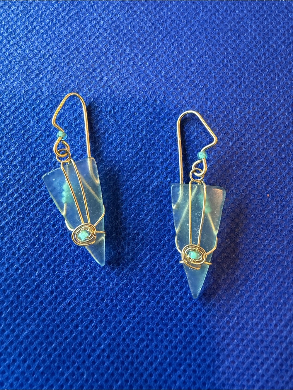 Gold Wire Wrapped Aqua Sea Glass Triangle Drop Earrings - Women Jewelry